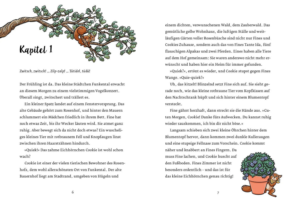 Aufgeschlagene Buchseite mit der Überschrift „Kapitel 1“. Links steht der Kapitelanfang, darüber sitzt ein Eichhörnchen auf einem Ast. Rechts ist Fließtext zu sehen, unten eine kleine Illustration eines Eichhörnchens neben einem Blumentopf.