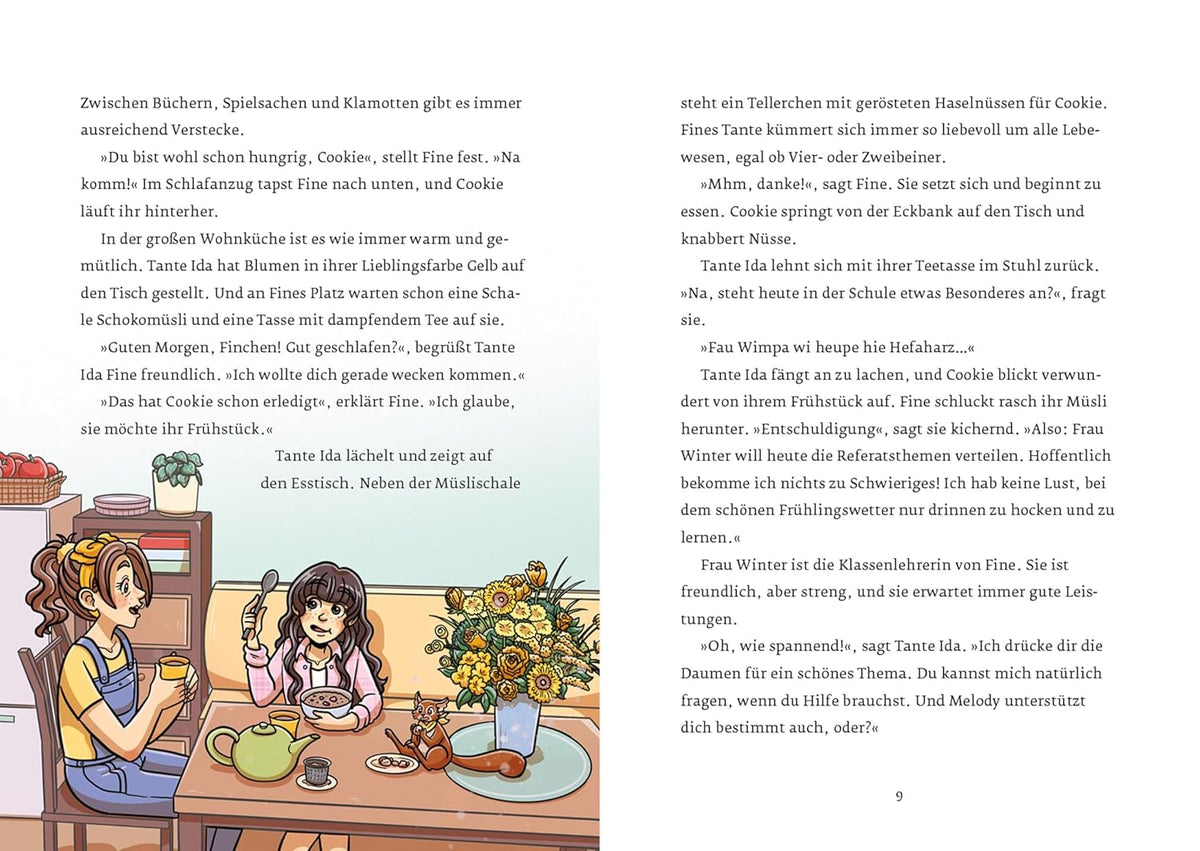 Innenseite des Buches mit Text und farbiger Illustration: Ein Mädchen sitzt am Tisch mit einer Müslischale, daneben eine Frau mit Tasse. Auf dem Tisch stehen Blumen, ein Eichhörnchen sitzt zwischen Geschirr und Nüssen.