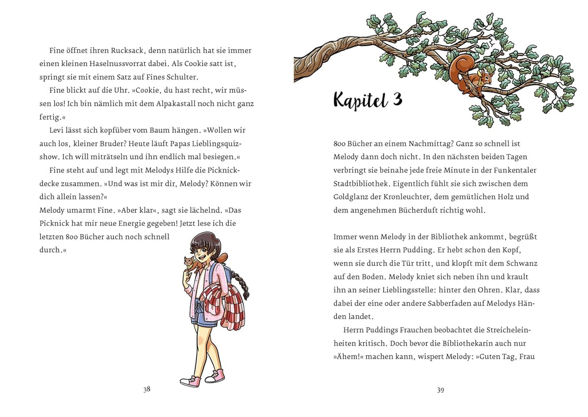 Buchdoppelseite mit der Überschrift „Kapitel 3“. Oben liegt ein Eichhörnchen auf einem Ast. Links steht Fließtext mit einer kleinen Illustration eines Mädchens mit Rucksack, rechts beginnt der Kapiteltext.