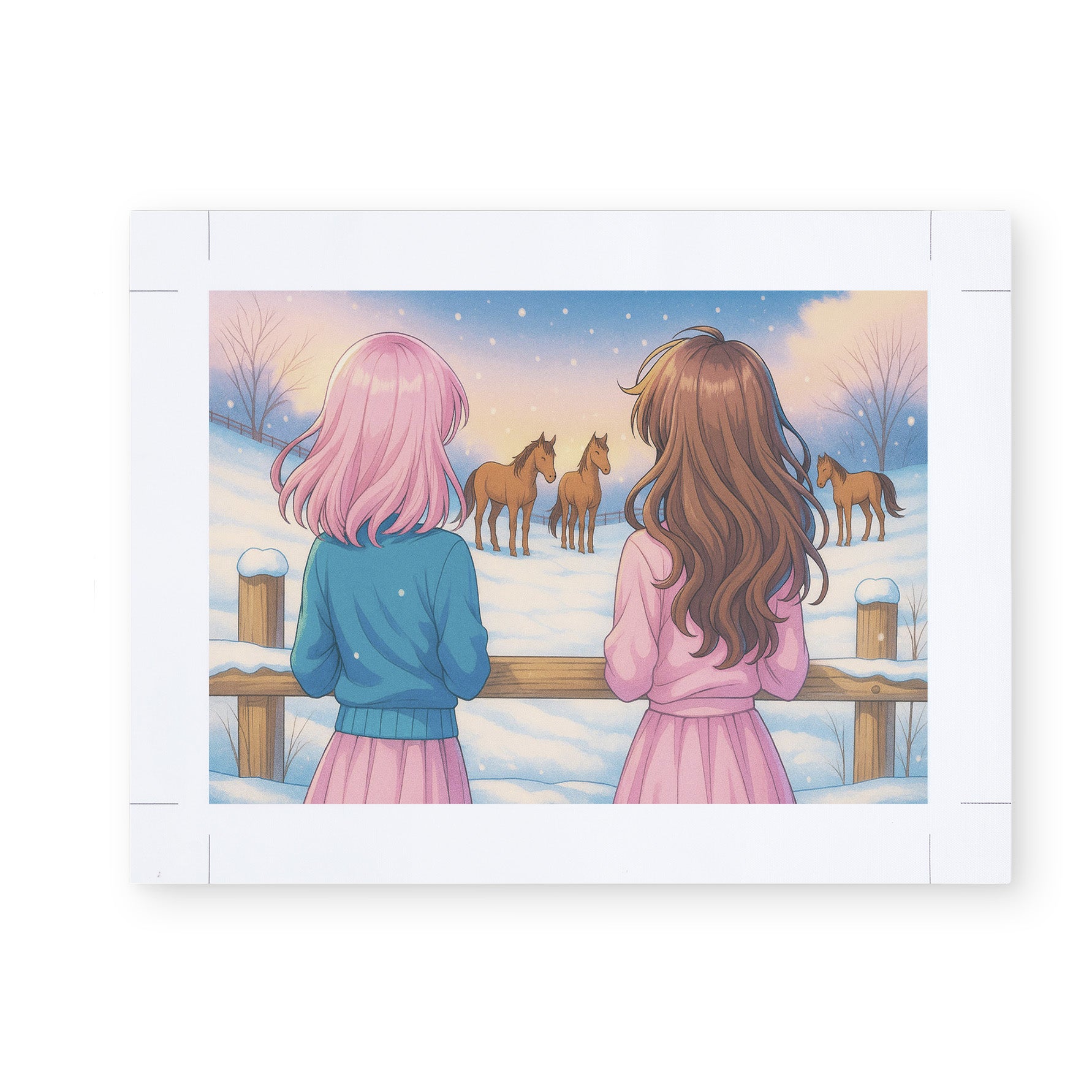 Produktfoto: Ein Diamond-Painting-Canvas mit breitem weißem Rand und Markierungen zeigt in der Mitte eine Winterillustration, in der zwei Mädchen von hinten am Zaun stehen und drei Pferde in einer verschneiten Koppel betrachten.